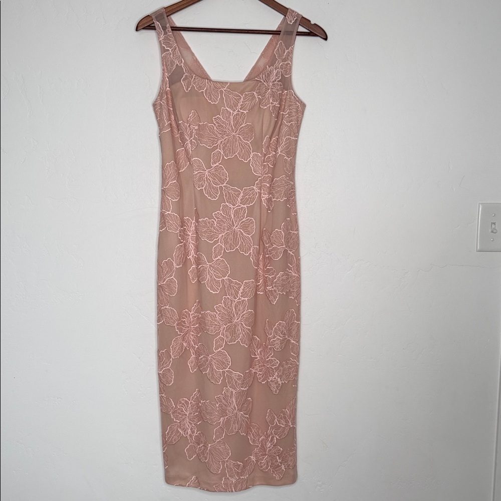 JS Collections Blush Pink Lace Sheath Midi Dress Wedding Guest Size 4 NWT